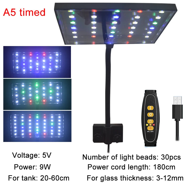 USB Aquarium LED Light Full Spectrum Aquatic Plant Grow Lamp Fish Tank Adjustable Brightness Dimmable Timed 360° Rotatable Light