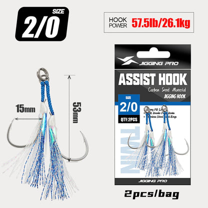 JIGGING PRO Twin Assist Hooks 1/0 2/0 3/0 4/0 Double Barbed BKK High Carbon Steel Fishing Hook With Glow Feather Jigging Hook