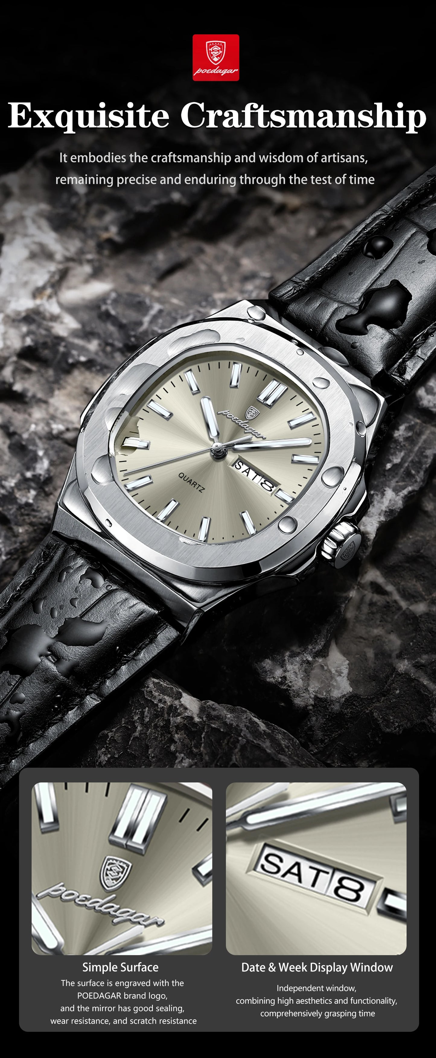POEDAGAR Square Wristwatch For Men Luminous Waterproof Week Calendar Luxury Man Clock Leather Quartz Fashion Men's Watches Reloj