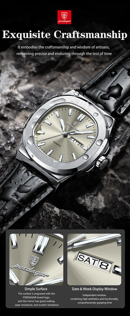 POEDAGAR Square Wristwatch For Men Luminous Waterproof Week Calendar Luxury Man Clock Leather Quartz Fashion Men's Watches Reloj