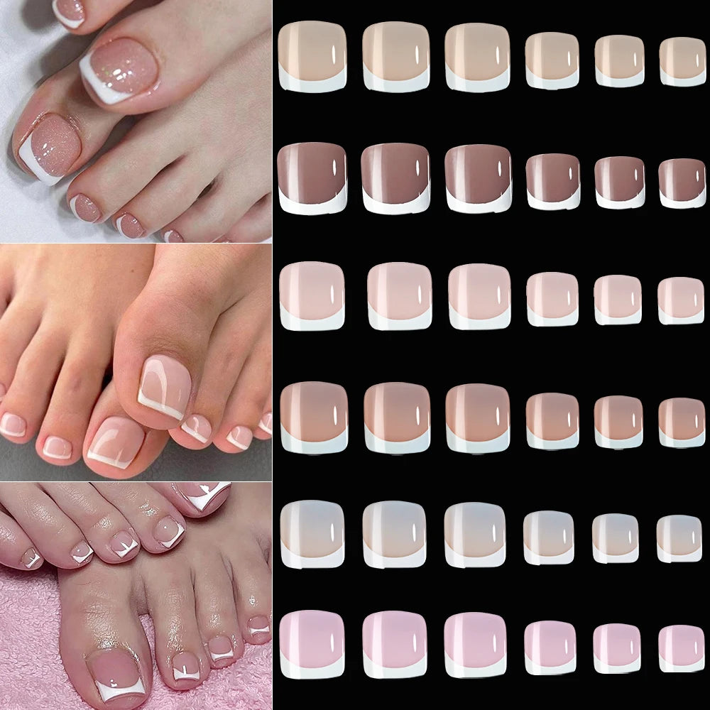 120Pcs 9-Colors French Fake Toenails Summer Short Sqaure Press On Toe Nails Tips Glossy Nude/Pink/Brown Full Cover False Toenail