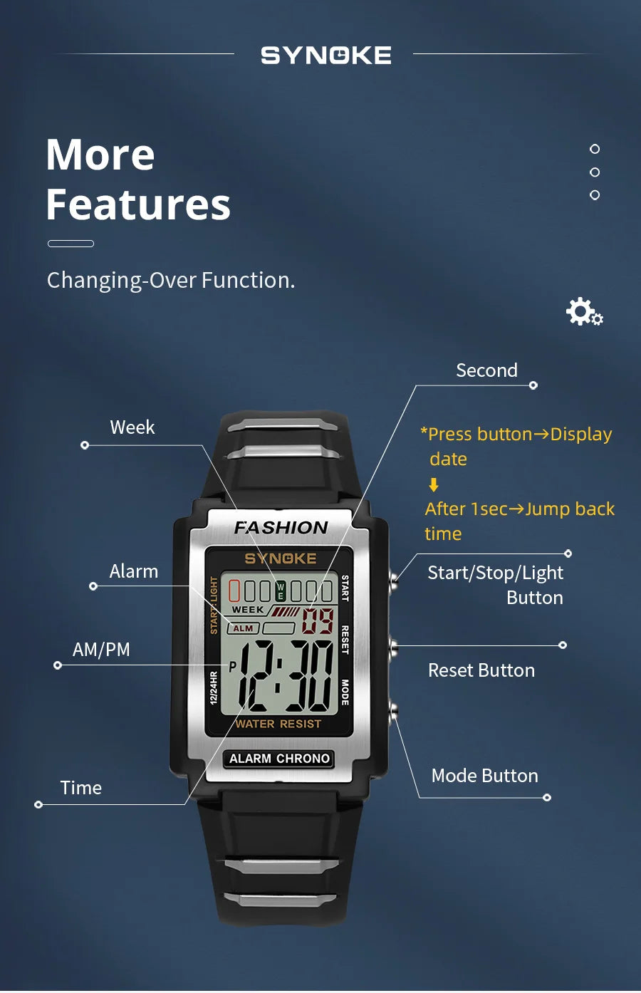 SYNOKE Men Rectangular Sports Electronic Watch Waterproof 50M Night Light Large Screen Alarm Clock Trend Retro Style