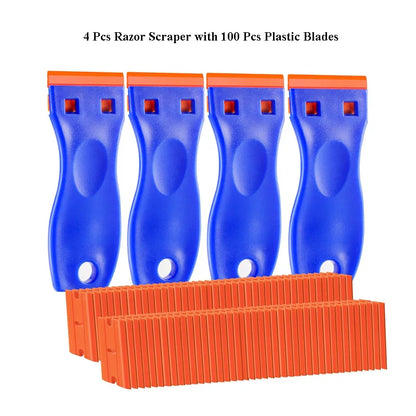Plastic Razor Blade Scraper with 100 Pcs Plastic Blades Window Cleaning Scraper for Removal Glue Labels Sticker on Car Glass