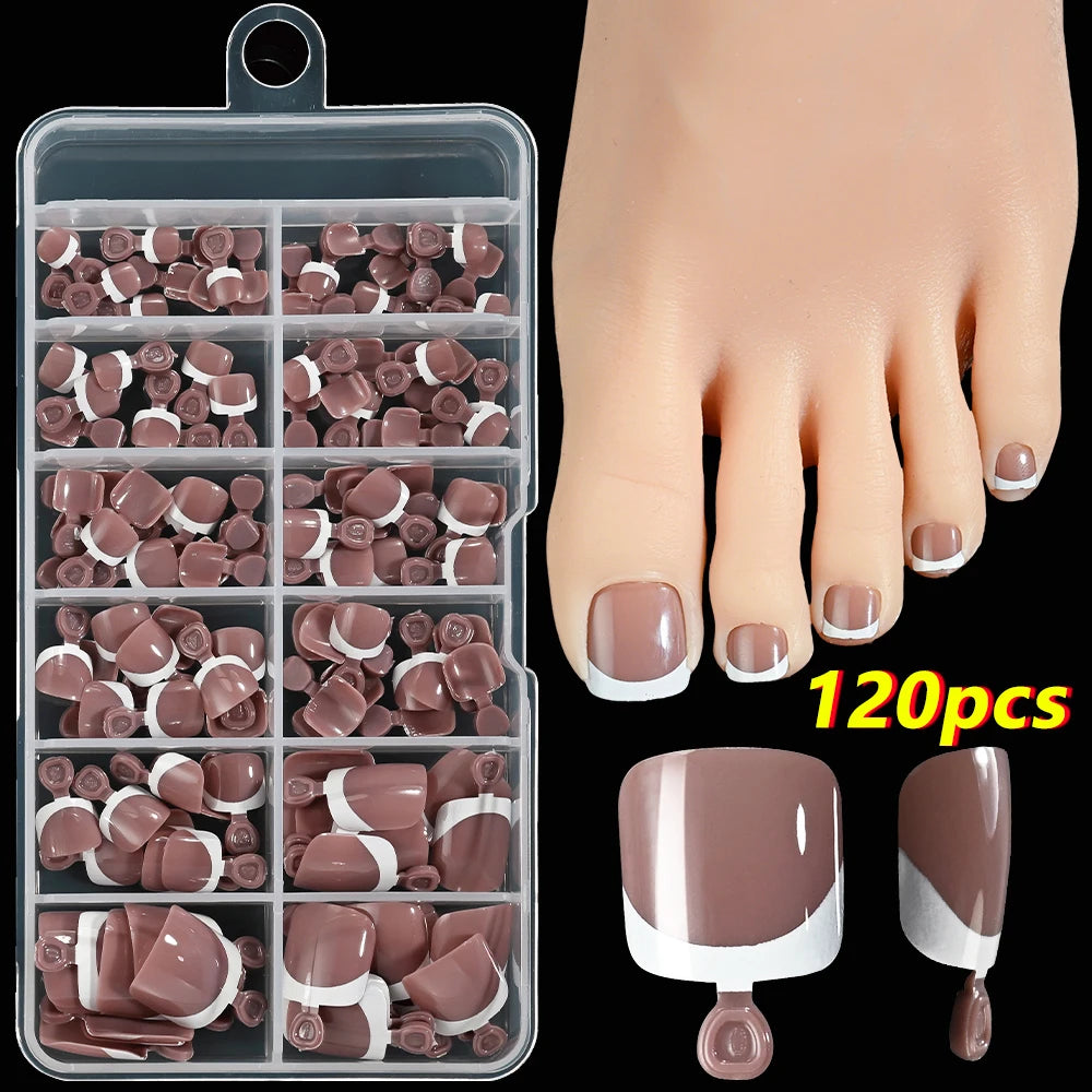 120Pcs 9-Colors French Fake Toenails Summer Short Sqaure Press On Toe Nails Tips Glossy Nude/Pink/Brown Full Cover False Toenail