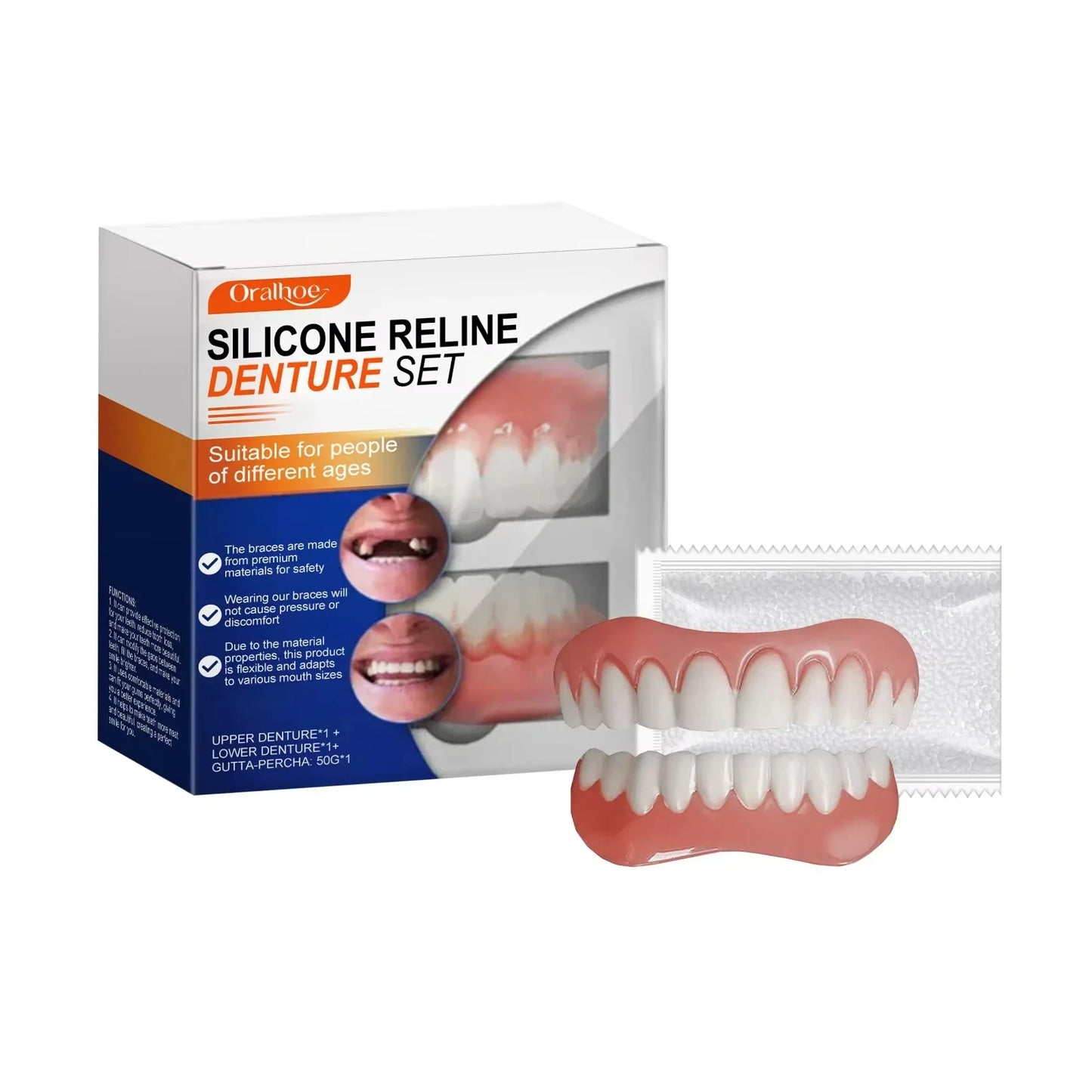 Flexible Silicone Dental Liner Kit, Soft Comfort Upper Lower Denture Set, Practical Easy Wear Braces for Daily Use