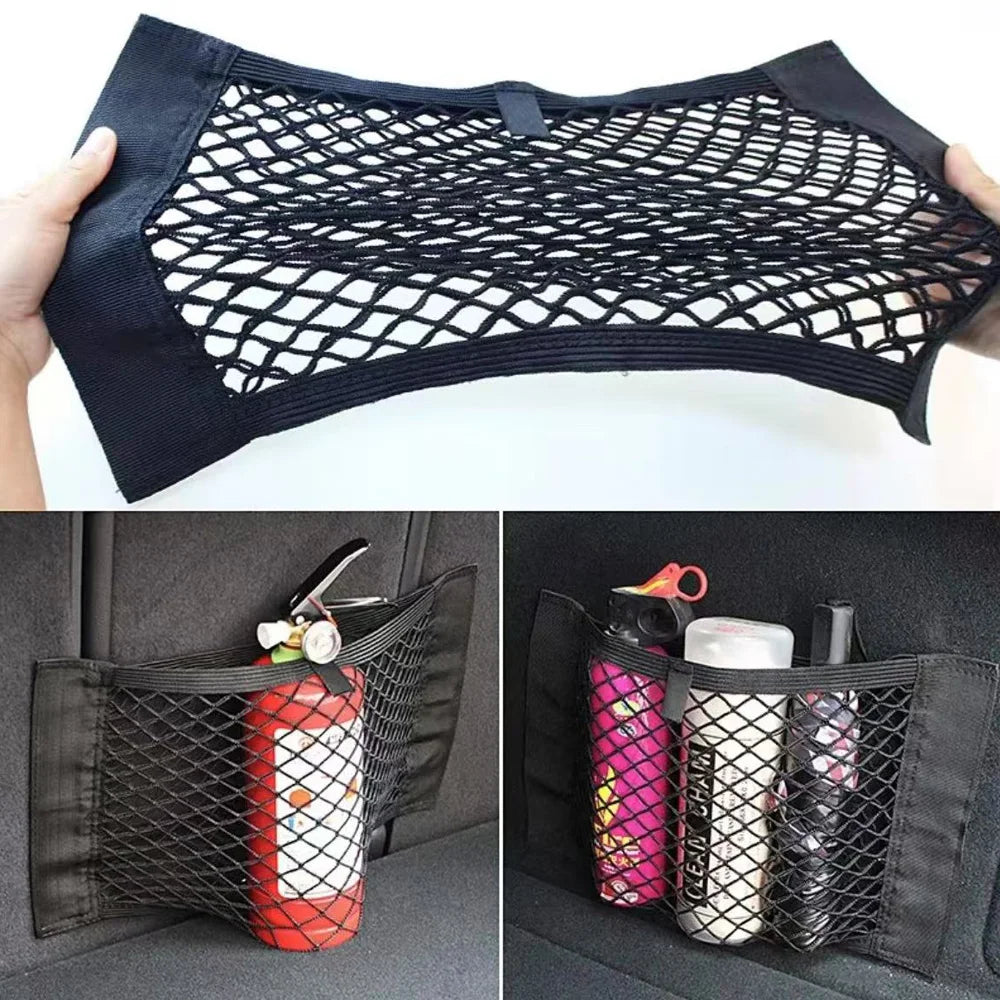 Car Storage Net Stretchable Mesh Pocket Net Magic Elastic Sticker Universal Rear Mesh Trunk Seat Bag Pocket Cage Auto Organizer