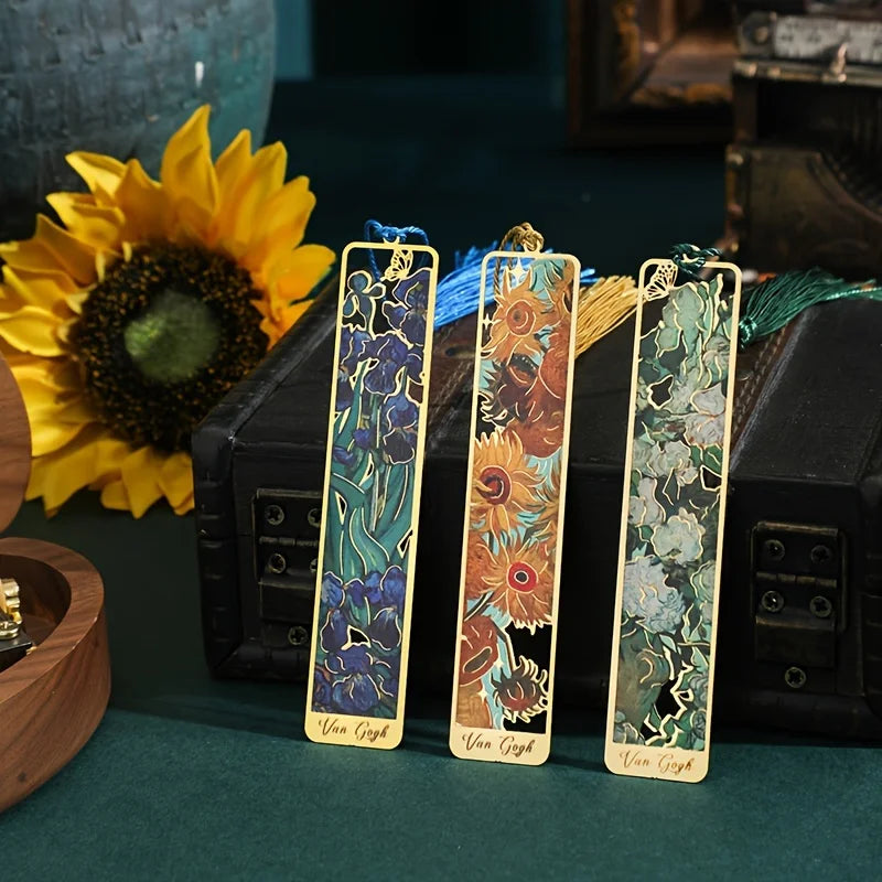 Vintage Oil Painting Metal Bookmarks - Hollow Hot Stamping Long Tassel Bookmarks - Stationery Gifts for Book Clubs, Book Lovers,