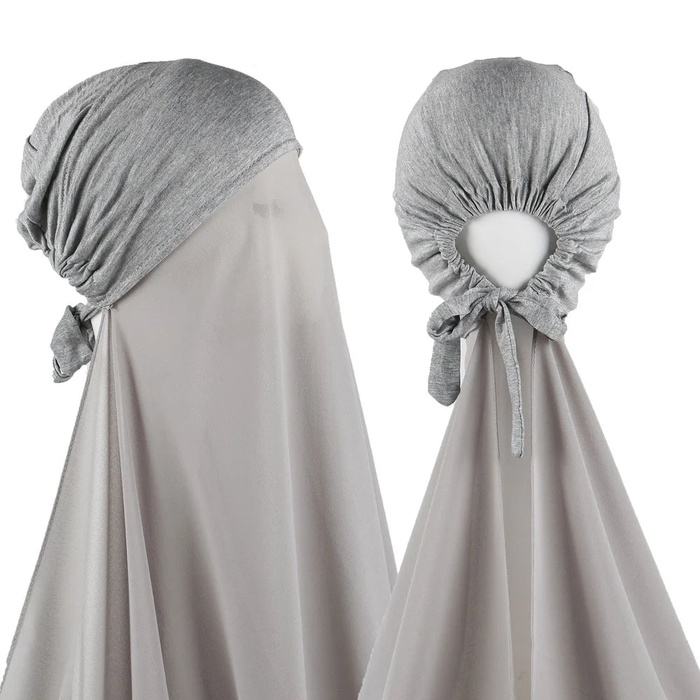 Muslim Instant Hijab Women Bonnet with Chiffon Shawl Head Scarf Cap Inner Headband Stretch Hijab Cover Headwrap Turbante