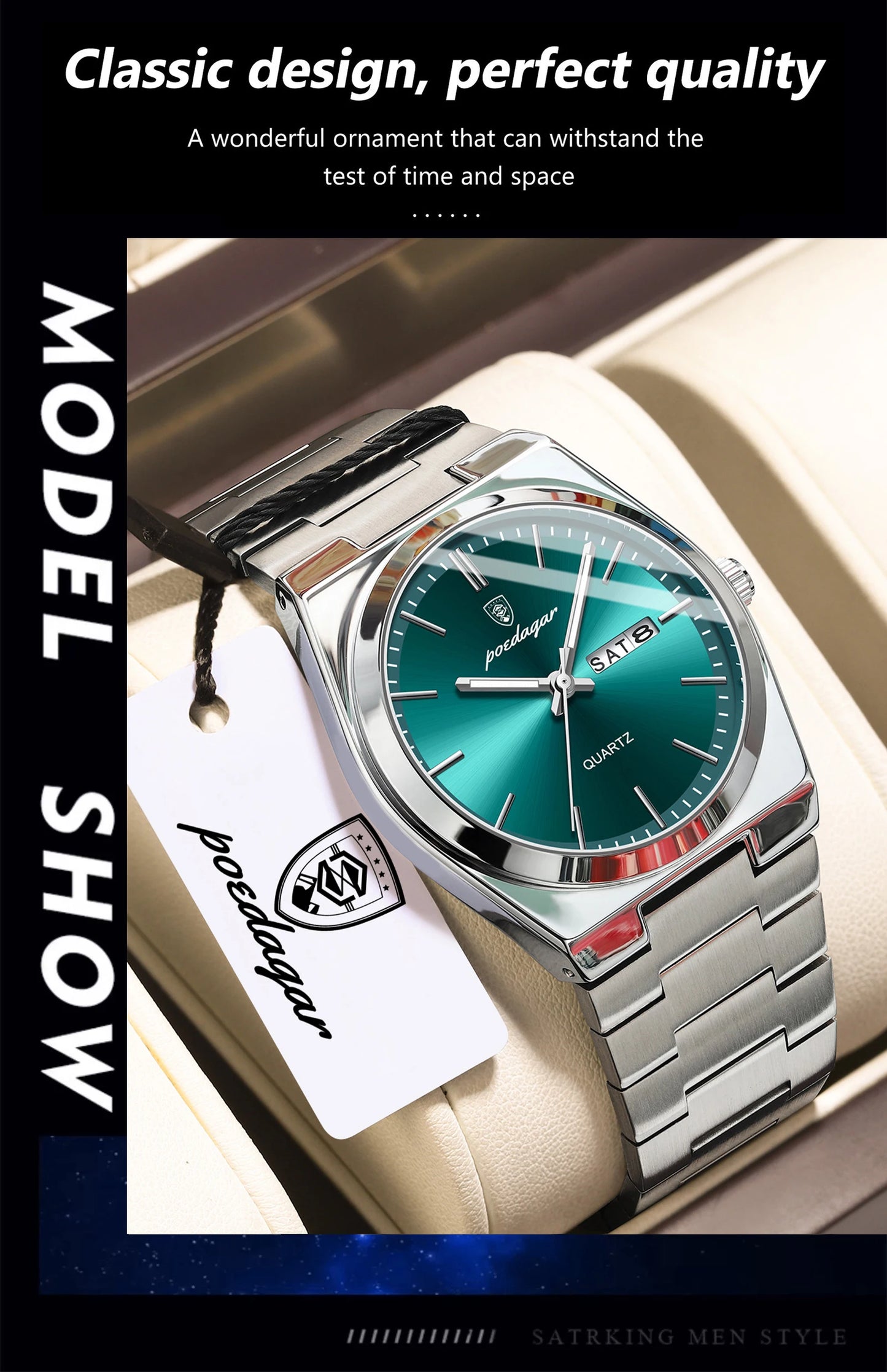 POEDAGAR Exquisite Business Men Watch Stainless Steel Waterproof Luminous Man Wristwatch Date Week Classic Men's Quartz Watches