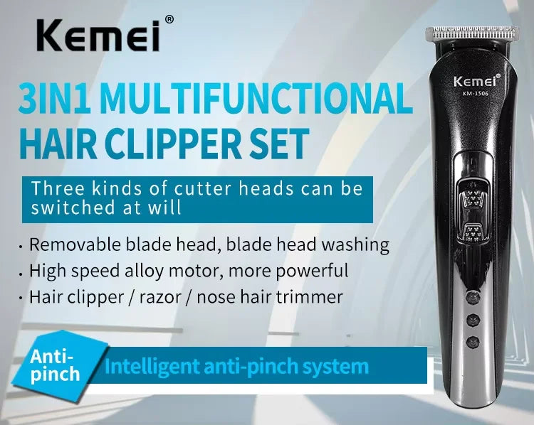 Kemei KM-1506 3 in 1 Electric Hair Clipper USB Charging Shaver Rechargeable Nose Hair Trimmer Professional Shaving Machine