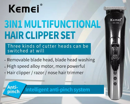 Kemei KM-1506 3 in 1 Electric Hair Clipper USB Charging Shaver Rechargeable Nose Hair Trimmer Professional Shaving Machine