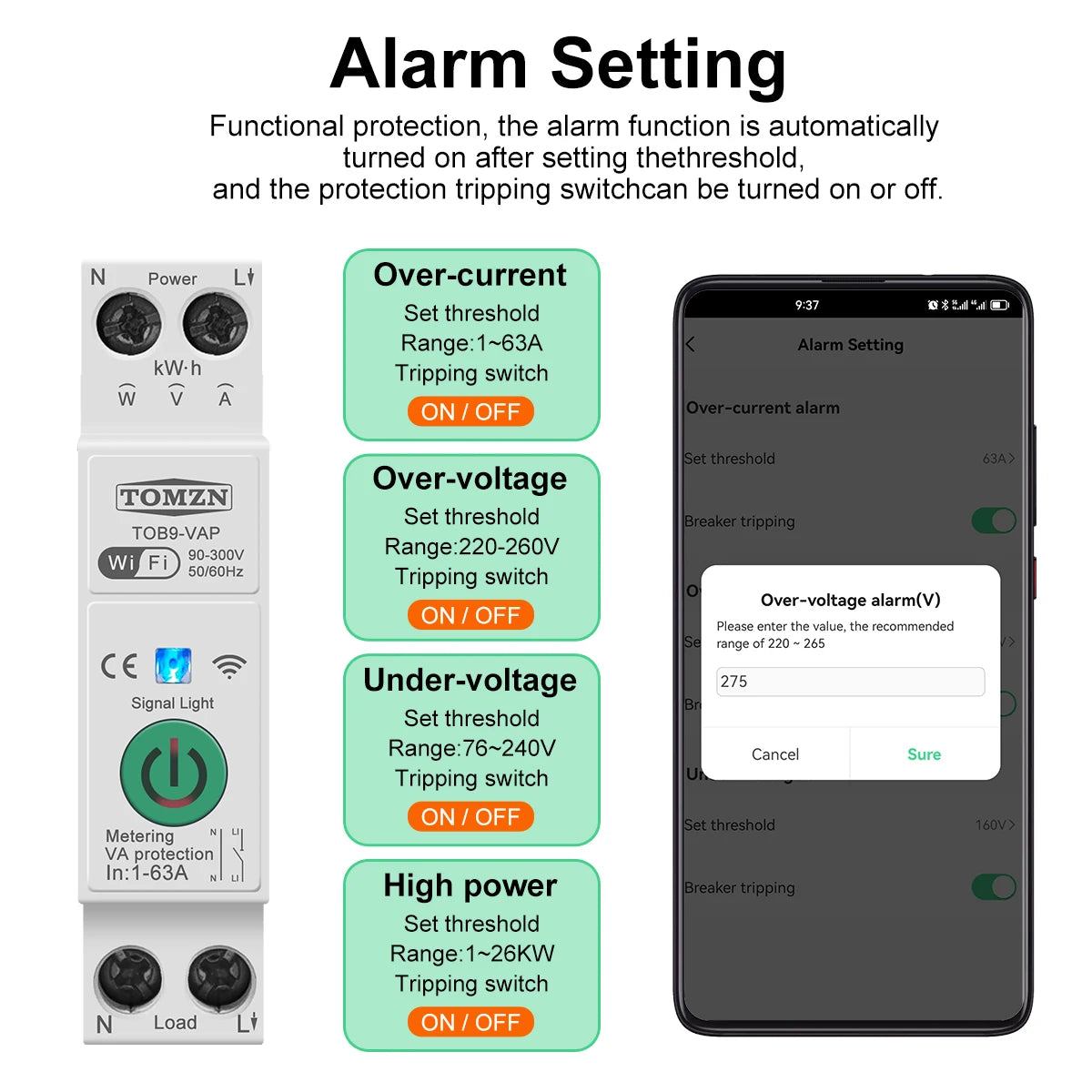 TOMZN 63A 1P+N WIFI Smart Switch Energy Meter kWh Metering Monitoring Timer Relay MCB TUYA Smartlife Voltage Current Protection