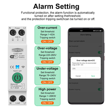 TOMZN 63A 1P+N WIFI Smart Switch Energy Meter kWh Metering Monitoring Timer Relay MCB TUYA Smartlife Voltage Current Protection