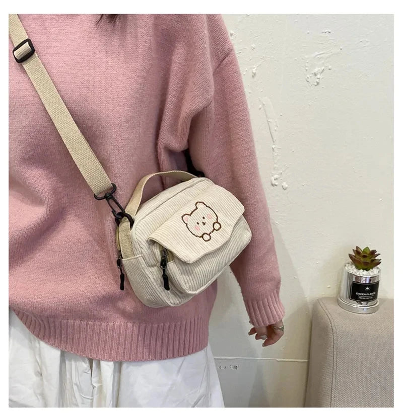 Personalized Teddy Bear Embroidered Diagonal Shoulder Bag, Corduroy Leisure Bag, WOMEN'S Crossbody Bag