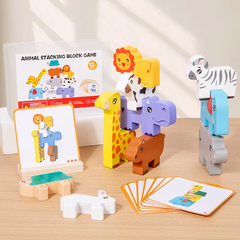 Wooden Animal Stacking Block Game Shape Matching Puzzle Balance Toy Montessori Fine Motor Training Educational Toys for Children