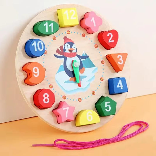 Wooden Blocks Puzzle Shape Number Color Sorting Clock Montessori Toys for Kids Early Education Penguin Patterns Time Learning