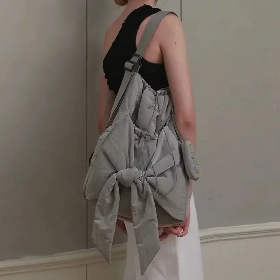 Women Bag Nylon High-Capacity Fashion Casual Backpack Bow Drawstring Shoulder Bag Handbag All-Match