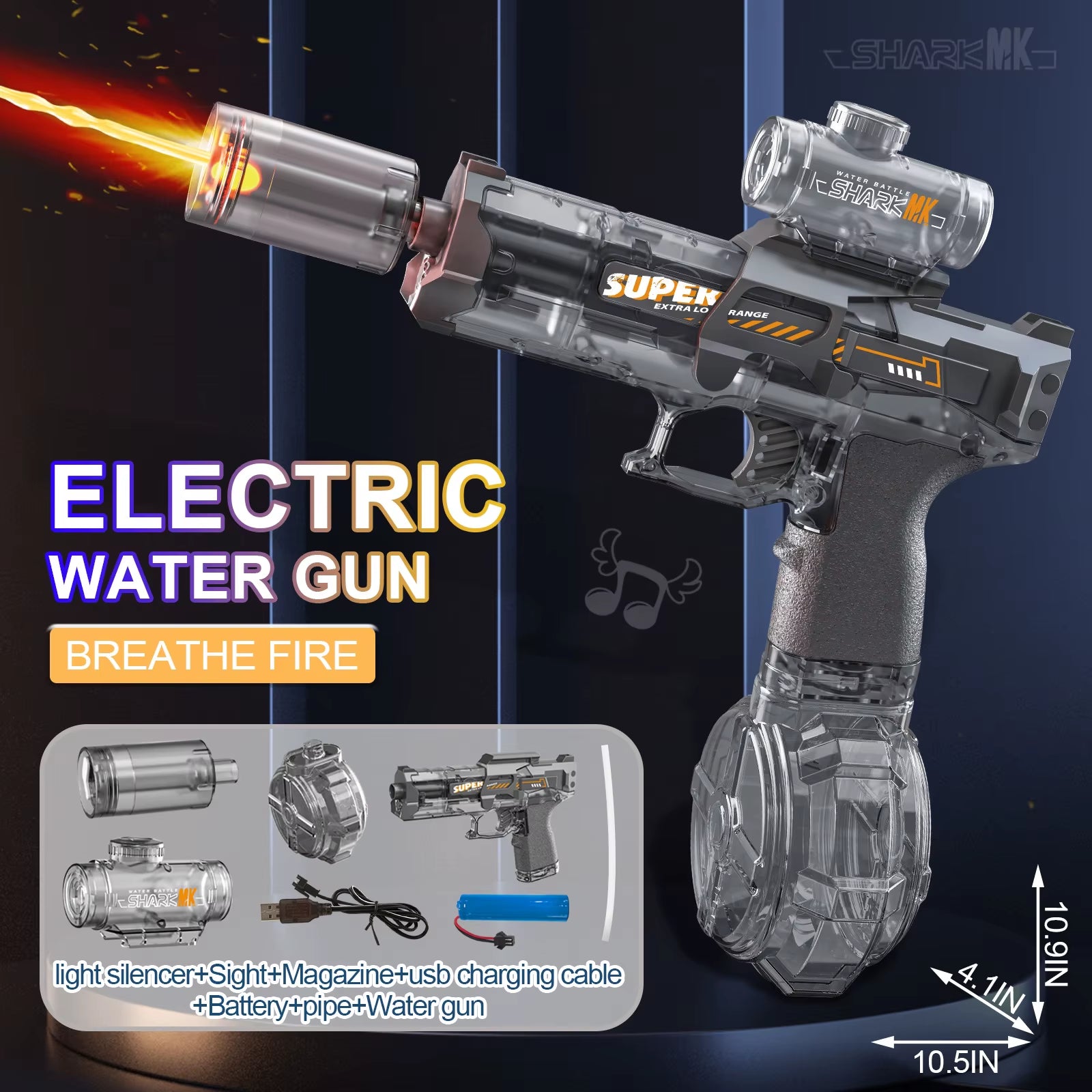 Electric Water Gun with Light Sprays Flame Effect Continuously High-Pressure High-Speed Powerful Outdoor Water Gun Xmas Toys USB