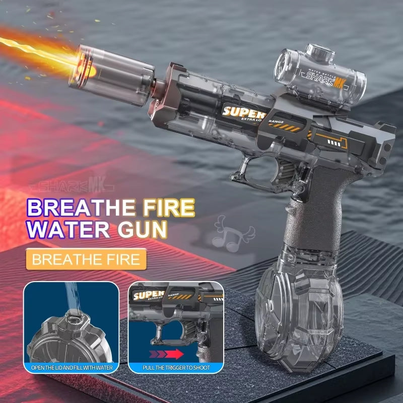 Electric Water Gun with Light Sprays Flame Effect Continuously High-Pressure High-Speed Powerful Outdoor Water Gun Xmas Toys USB