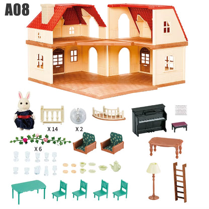 1/12 Dollhouse Furniture Family House Villa Simulate Forest Rabbit Animal Family Miniature Scene Toy Display Furniture Toy Gift