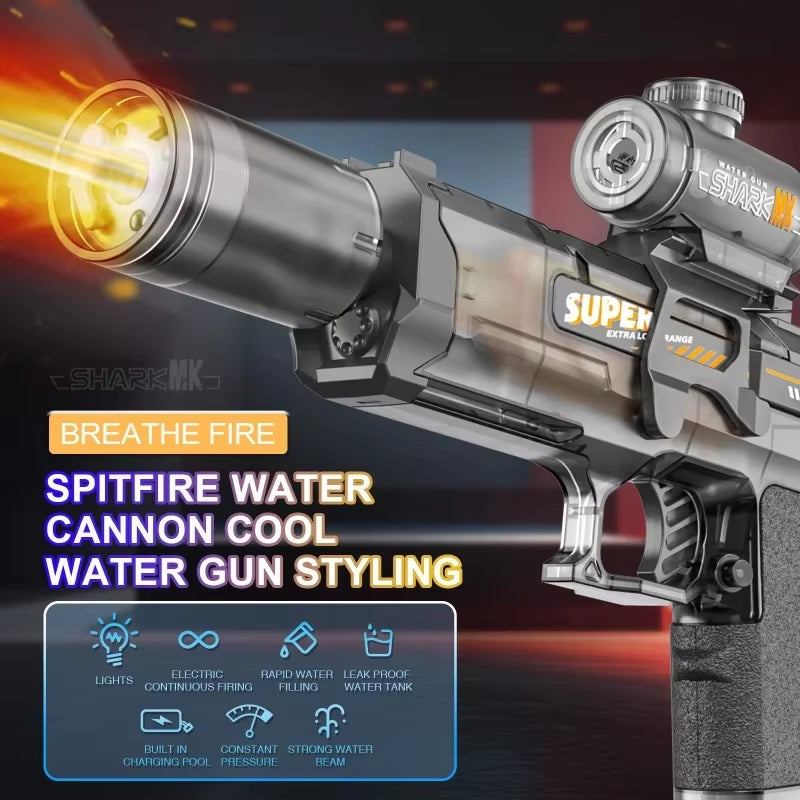 Electric Water Gun with Light Sprays Flame Effect Continuously High-Pressure High-Speed Powerful Outdoor Water Gun Xmas Toys USB