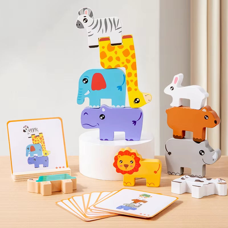 Wooden Animal Stacking Block Game Shape Matching Puzzle Balance Toy Montessori Fine Motor Training Educational Toys for Children
