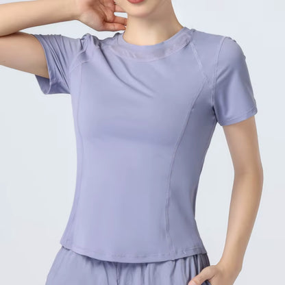 Women Workout Gym Top with Mesh Short Sleeve Seamless Athletic Shirts for Yoga Running Breathable Quick Dry Sport Tees